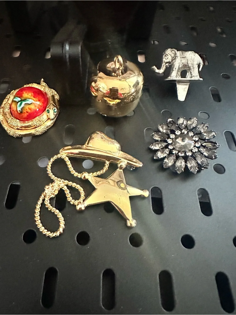 Mixed Vintage Brooch and charm Lot - Gold, Silver, Red Accents